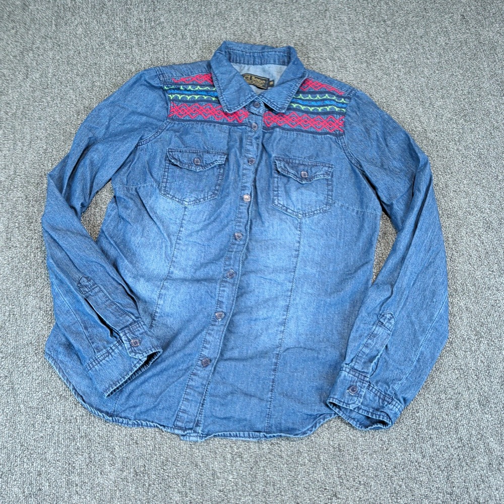 Ci Sono Womens Denim Shirt M Cotton Blue Embroidered Boho Western Long Sleeve